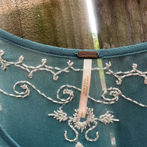 Free People Boho Pennies Sequel Teal Blue Green Embroidered Bell Sleeve Blouse - Picture 5 of 9